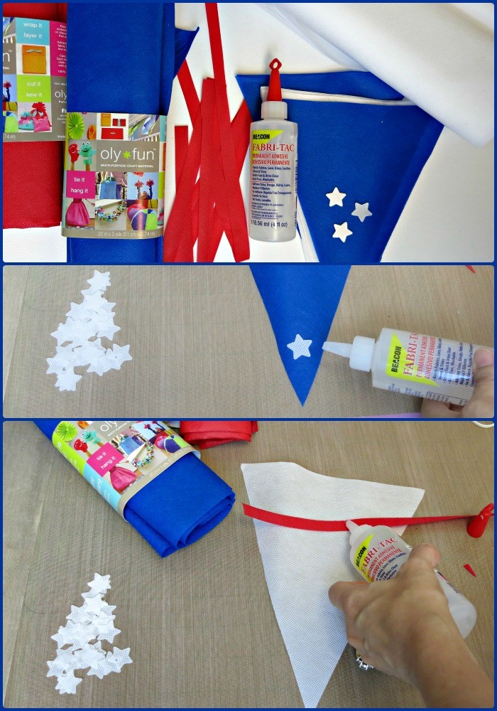 I was inspired by the American flag with this Fourth of July bunting, but you can adapt the colors for any flag you like. Use non-fraying Oly-Fun fabric.