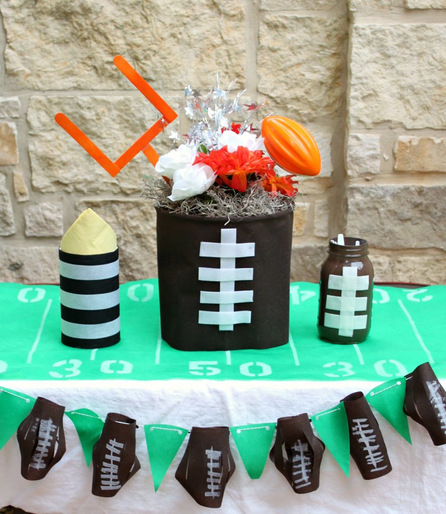 Football party decor is quick and easy to make when you use Oly-Fun non fraying fabric. These no sew projects are perfect for Super Bowl.