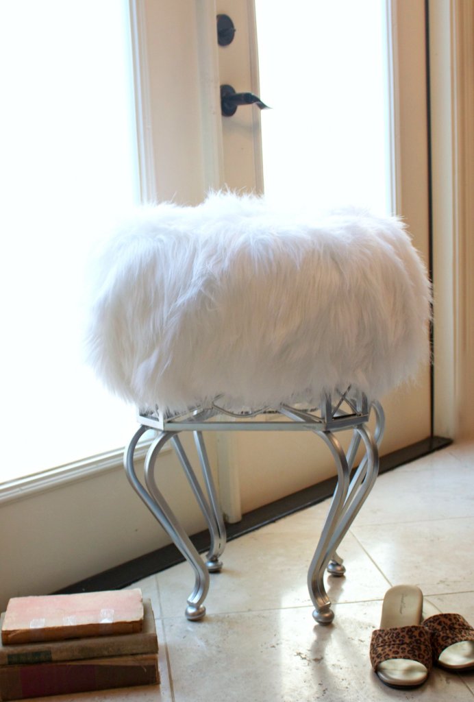 Make a furry ottoman DIY quickly and inexpensively by using a Goodwill stool and a tuffet kit from Fairfield World.