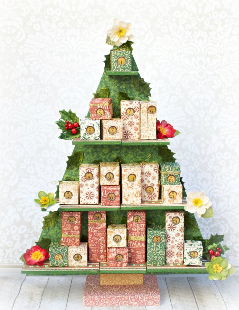 Create a festive Christmas tree countdown calendar using products from Graphic 45, Petaloo, and Xyron. Great home decor craft project!