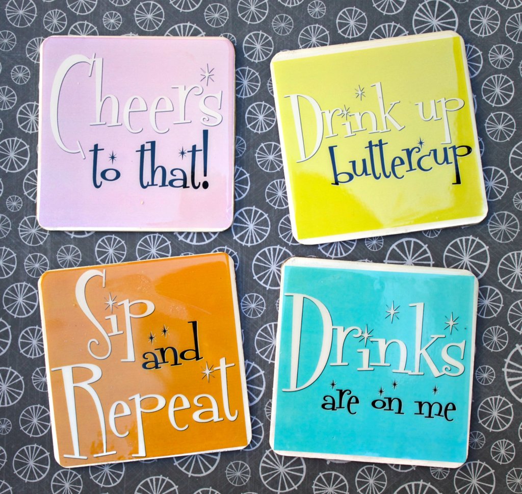 Make funny coasters that will last by using weather proof printable labels, a free printable, and resin. Complete tutorial.