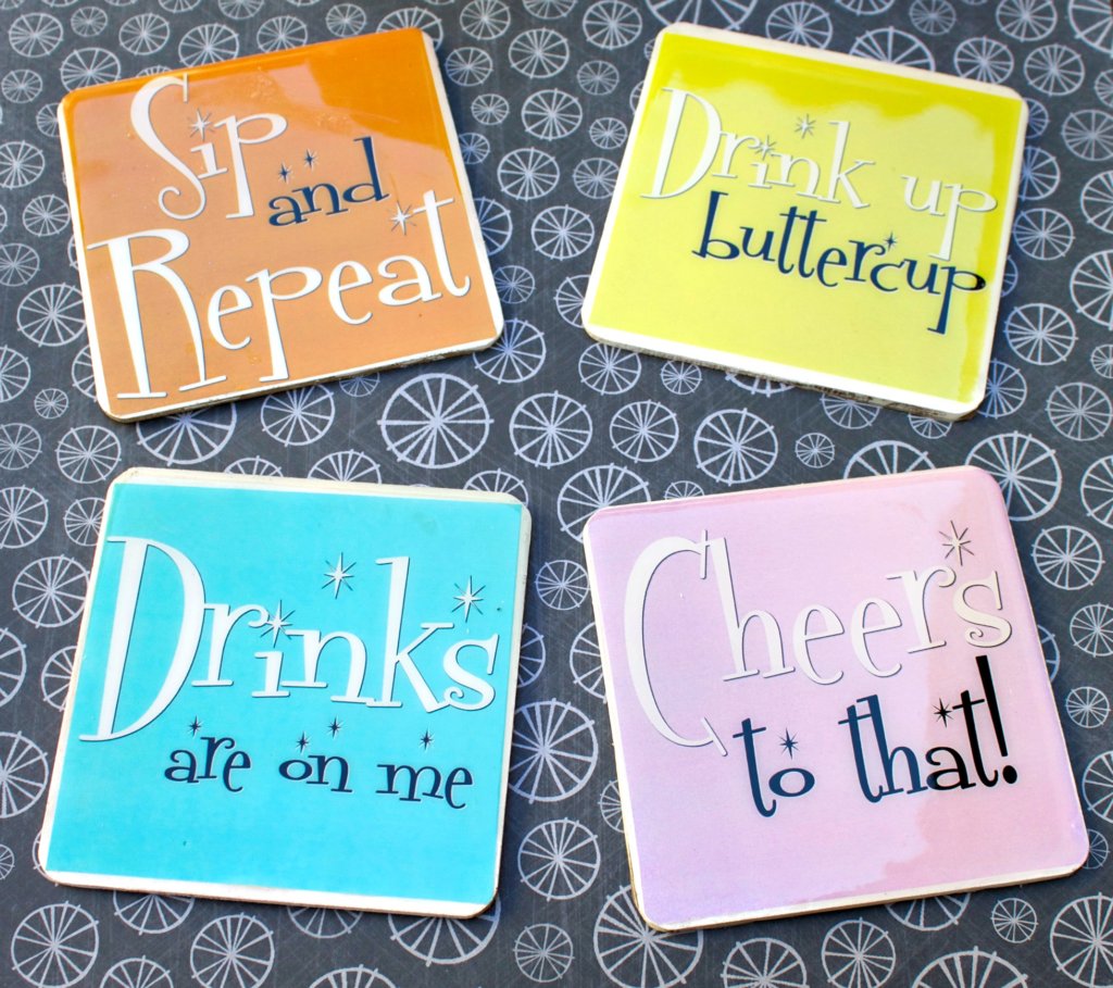 Make funny coasters that will last by using weather proof printable labels, a free printable, and resin. Complete tutorial.