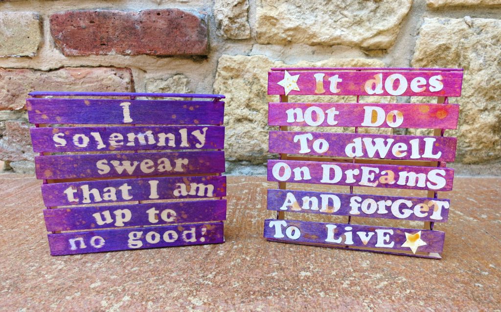 I made some mini pallet Potter inspired wall art as well as a pencil holder out of craft sticks. This makes perfect desk decor!