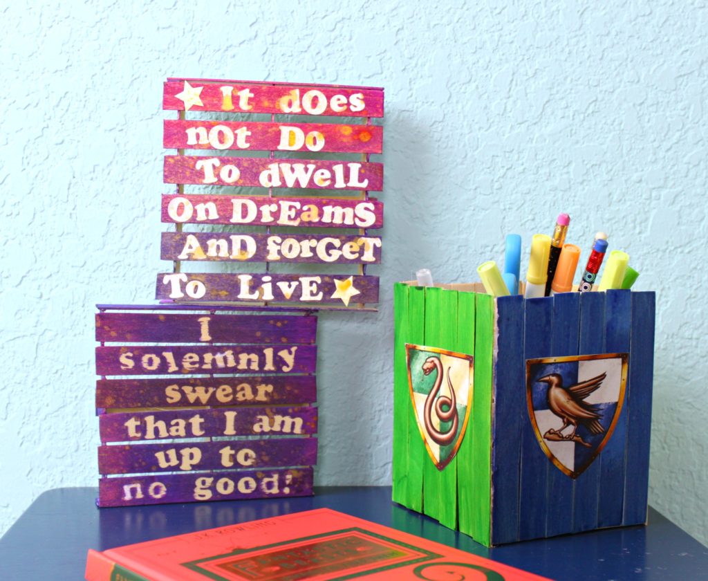I made some mini pallet Potter inspired wall art as well as a pencil holder out of craft sticks.  This makes perfect desk decor!