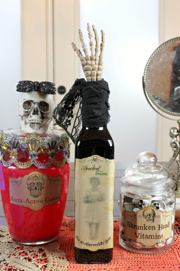 Free printable Halloween labels will help you quickly make these creepy Halloween bottles. This fun decor is easy to make!