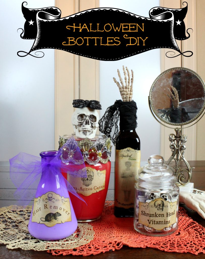 Free printable Halloween labels will help you quickly make these creepy Halloween bottles. This fun decor is easy to make!