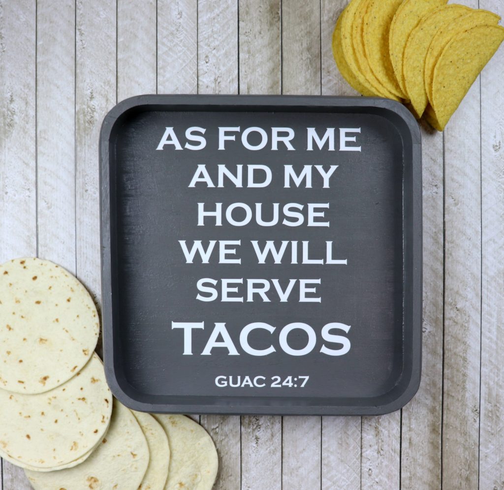 This serve tacos tray is perfect for Taco Thursday in my house!  Have fun crafting and creating with unfinished wood finds from Goodwill San Antonio!