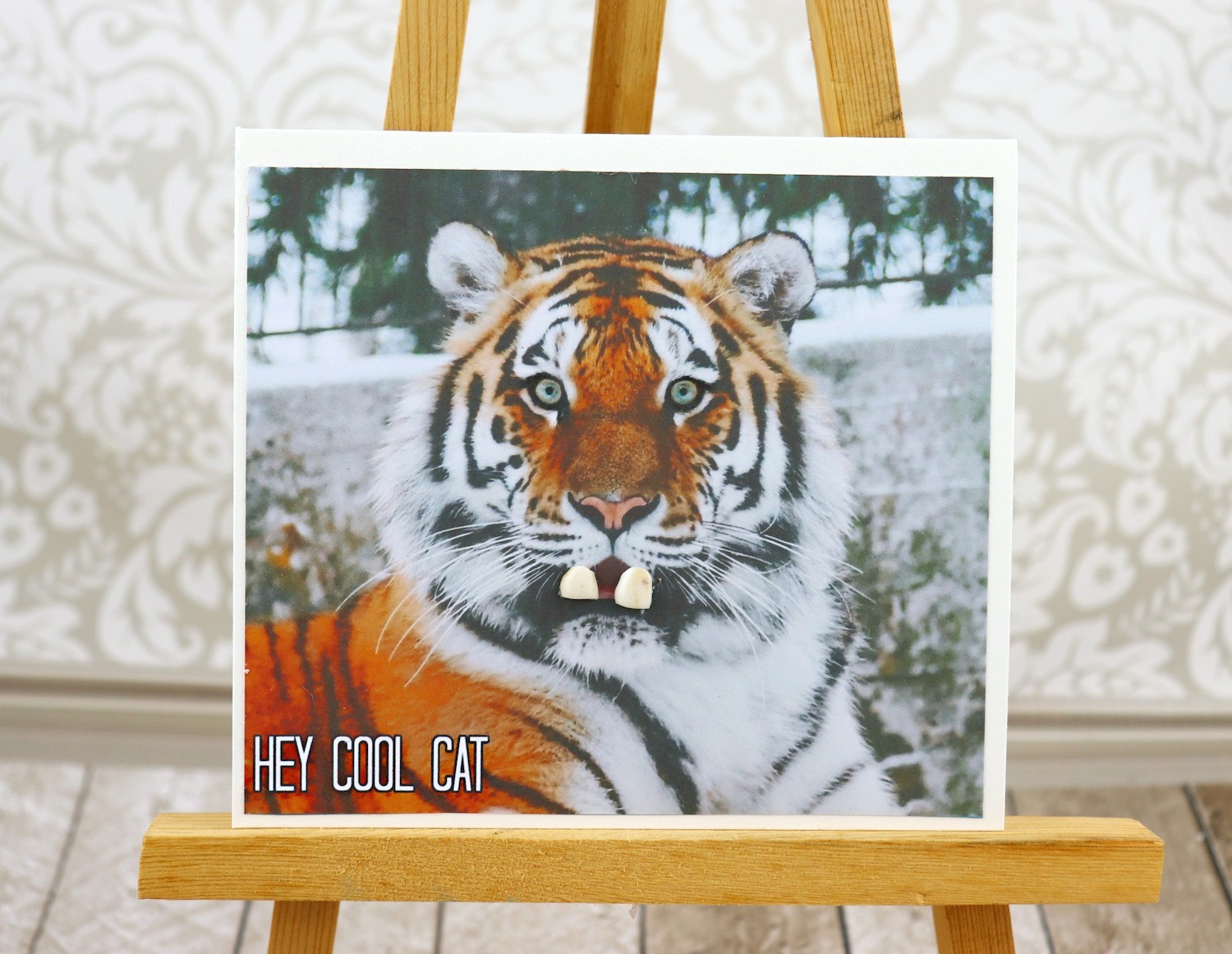 spread joy card tiger with human teeth