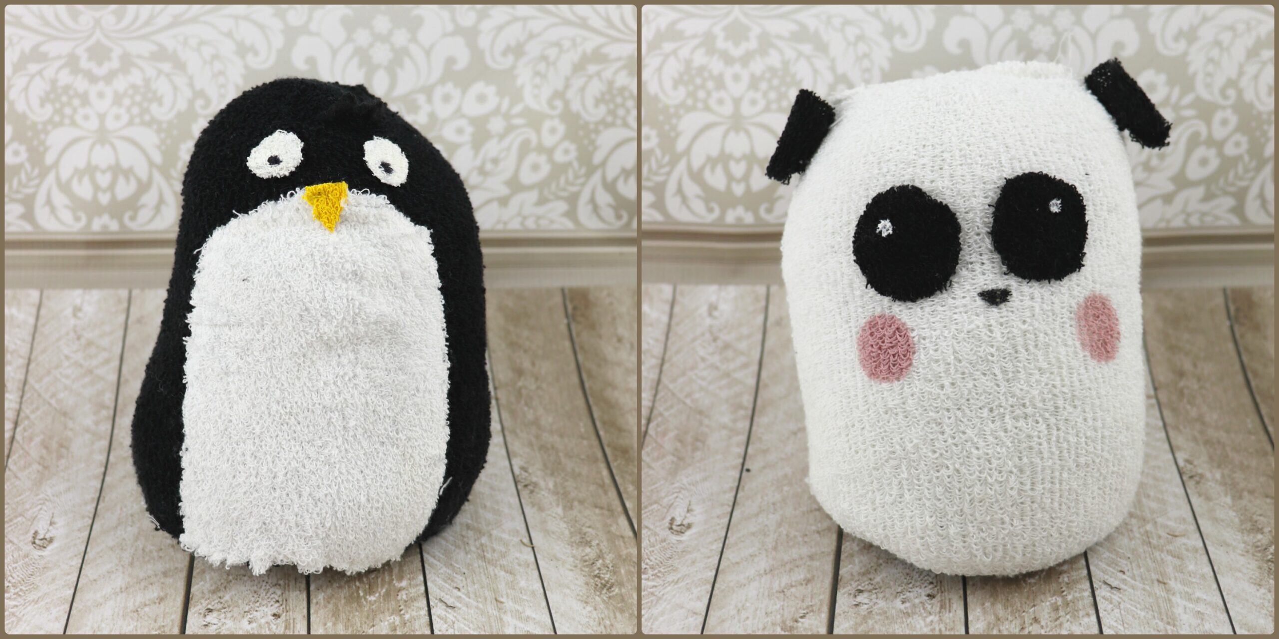 Reversible sock plush tutorial penguin and panda