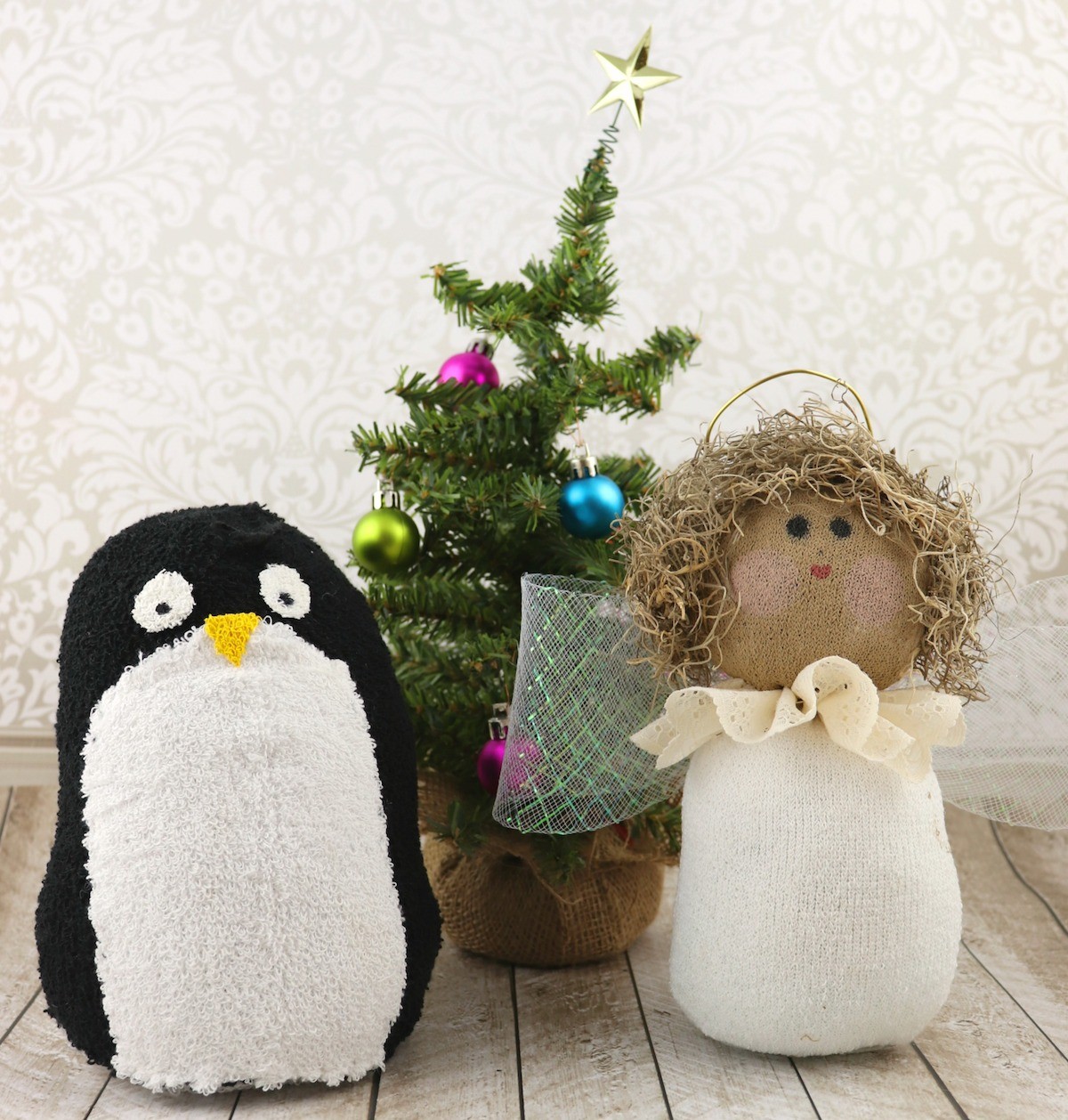 Sock plush angel and reversible sock penguin 