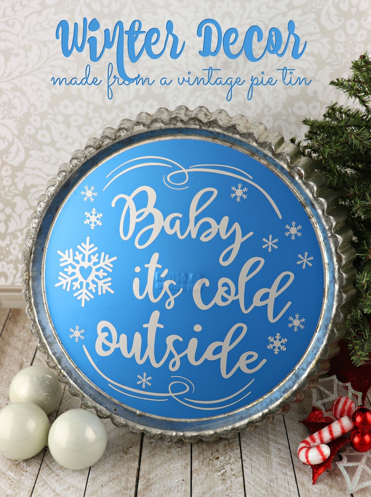 winter wall art made with vinyl pie tin decor